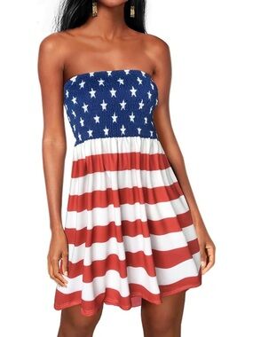 Strapless American Flag Print Summer Dress - Blue & Red